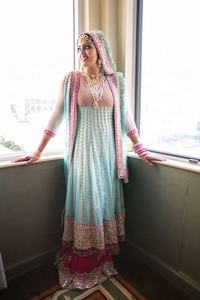 Kamiz long élégant indien/pakistanais/panjabi, Lehenga Choli évasé pour mariage, broderie Zardozi lourde, en acétate - Product Image 2