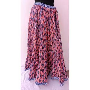 Beautiful Hand Block Printed Cotton Long Skirt With Tie Knot Waist & Maxi Standard, Colorful Swing Pattern Long Skirt For Women