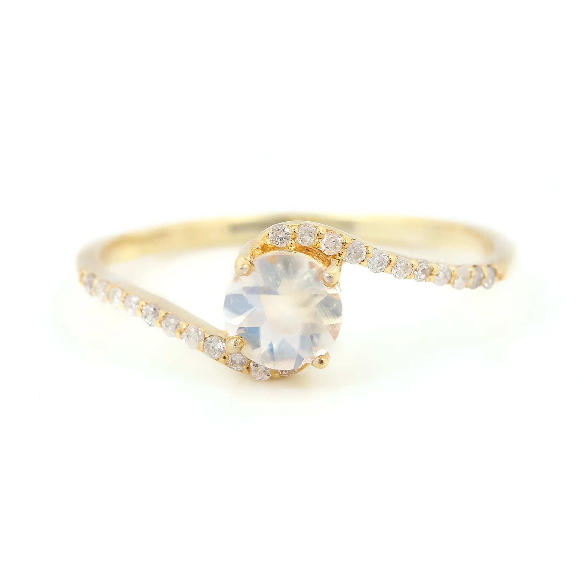 Natural Diamond Jewelry Solid 14k Yellow Gold Rainbow Moonstone Ring Gold Diamond Big Gemstone Ring Fine Jewelry Manufacturer