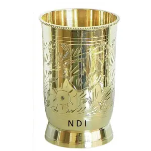 Etching Design Drink Ware Pure Brass Metal Drinking Glass For Hotel Restaurant & Home Catering Used Drinking Water Glass
