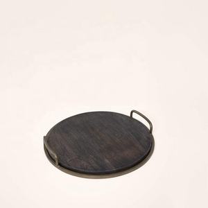 Stylish Round Wood <b>Tray</b> <b>with</b> Metal Frame <b>Handles</b> Elegant Hotelware Accessory for Home Decor and Serving - Product Image 1