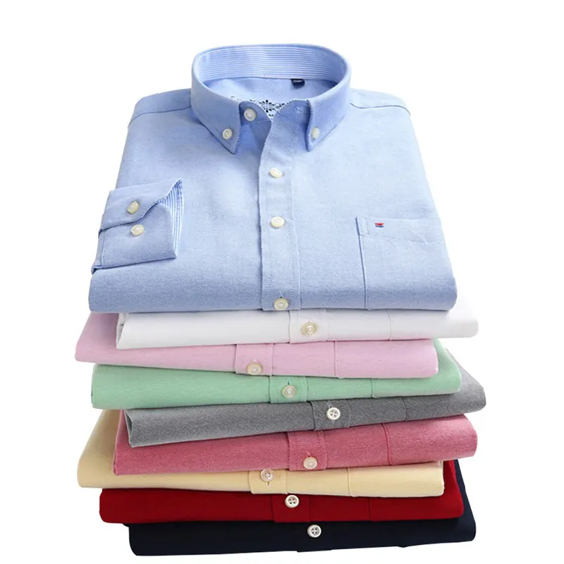 Men's Long Sleeve Blue Oxford Dress Shirt with Left Chest Pocket Cotton Male Casual Solid Button Down Shirts