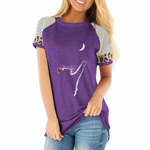 Women's Casual Summer <b>Cat</b> Print <b>Tops</b> Short Sleeve Crew Neck T-Shirt Denim Flannel Batik-Custom Labeling Printing Service - Product Image 2