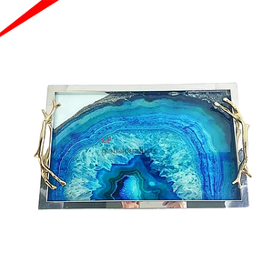 Bandeja rectangular de mármol de ágata con asas doradas, bandeja de servicio para decoración de restaurantes y hoteles, el diseño más atractivo - Product Image 1