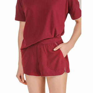 Camiseta de cuello redondo de color granate para mujer, conjuntos cortos de algodón puro, moda para dormir - Product Image 6