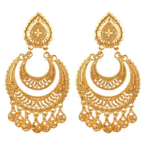 Indian Bollywood 14K Gold Plated Tassel Dangle Chandbali Earring Set Jewelry for Wedding Bridal