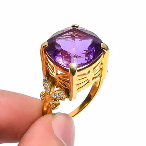 Mới đến tự nhiên thạch anh tím đá quý thiết kế Cubic Zirconia đồ trang sức mỹ 925 Sterling Bạc vài món quà Solitaire Nhẫn vàng