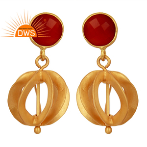 Pendiente colgante chapado en oro de 18 quilates de plata de ley con bola de filigrana de piedras preciosas de ónix rojo para mujer, regalo para su colección clásica - Product Image 1