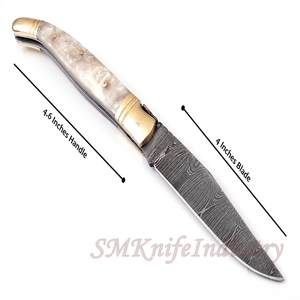 Couteau de poche pliant fait main de damas avec étui en cuir (smk1271), couteau multifonctionnel en acier, couteaux Sm de couleur bois - Product Image 2