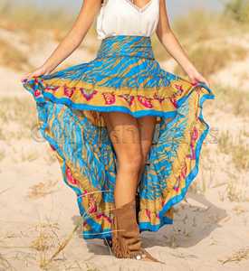 ชุดโบฮีเมียนพิมพ์ลายพื้นระบายสำหรับผู้หญิง,กระโปรงแม็กซี่ยาวไหมซารีวินเทจลำลอง - Product Image 2