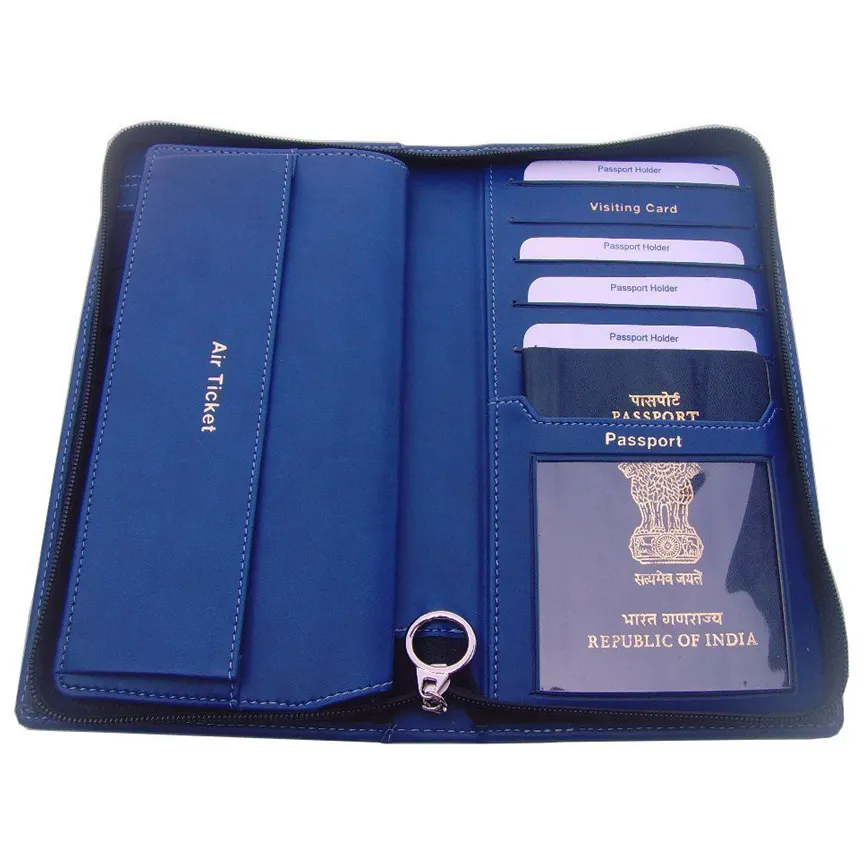 กระเป๋าสตางค์สำหรับเดินทางสีฟ้าพร้อมช่องใส่หนังสือเดินทาง5ช่องหนัง Pu คุณภาพสูง1ช่องและช่องใส่บัตรกดสำหรับบัตร