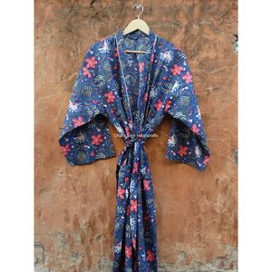 ชุดเดรสยาวสไตล์ฮิปปี้โบฮีเมียนชุดคลุมมือพิมพ์ลายดอกไม้สีฟ้าสไตล์อินเดียสำหรับผู้หญิงชุดนอนกิโมโนแบบถักสำหรับชายหาดกลางคืนฤดูร้อน - Product Image 5