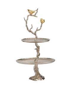 Wedding Dessert Table Decoration Casted Aluminum Metal Bird Standing Floral Branches Decorative 2 Tier <b>Cake</b> <b>Stand</b> - Product Image 1