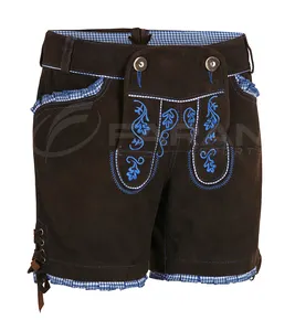 Women Shorts In Suede Leather Red Color Made Traditional Trachten Wear German Style Custom Embroidery Leather Shorts