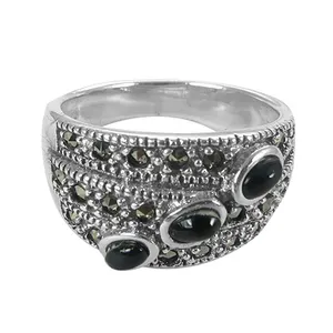 Black Onyx and Pyrite Gemstone 925 Silver Ring Gemstone Marcasite Ring