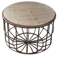 Table basse ronde élégante de style industriel, plateau en bois, structure en fer, fabrication artisanale, style antique, meubles de salon