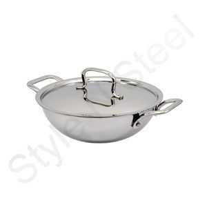 Thép không gỉ <span class=keywords><strong>kadai</strong></span> với nắp che triply Cookware Set tri-ply đồ ăn các mặt hàng thép không gỉ đồ dùng nhà bếp gỗ xử lý - Product Image 3