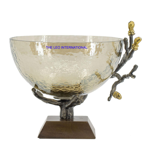 Base chapada en oro Rama de árbol Diseño en forma de hoja Cuenco decorativo redondo Acero inoxidable Latón Metal Cuenco elegante - Product Image 5