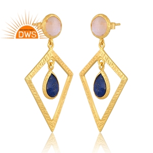 Boucles d'oreilles pendantes en argent sterling faites à la main avec pierre de lune arc-en-ciel naturelle et pierre de lapis-lazuli pour femmes Fabricant de bijoux - Product Image 2