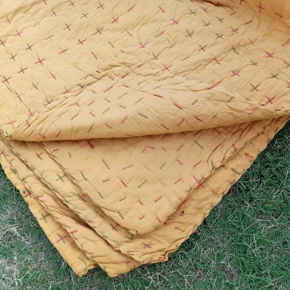 Ocar ผ้านวมผ้าฝ้ายพิมพ์ลายสำหรับเด็กทารก,ผ้าห่มผ้าฝ้ายสไตล์อินเดียทำมือลายบล็อกสีเหลือง