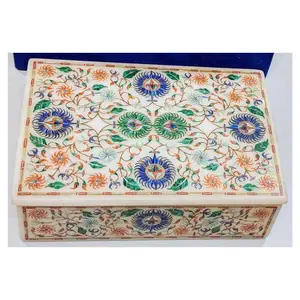 Exclusive White Marble With Natural Semi Precious Stones Intricate Inlay Work Box