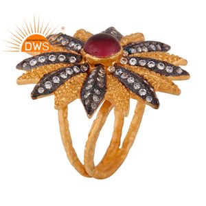 White Zirconia & Hydro Pink Set Floral Design Gold Plated <b>Statement</b> Brass Women's <b>Ring</b> Wholesaler of Fashion Jewelry - Product Image 2