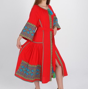 Vestido largo femenino de noche con borlas y cinturón para mujer, traje largo de manga larga bordado, Estilo Vintage, rojo, ucraniano, 100% - Product Image 3