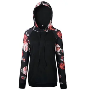 Casaco feminino com capuz, blusão feminino de manga longa e estampa floral, com bolso raglan