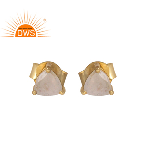 18k Gold Plated Earrings 925 Silver Jewelry Supplier Rainbow Moonstone Gemstone Trillion Shape Stud Earrings - Product Image 1
