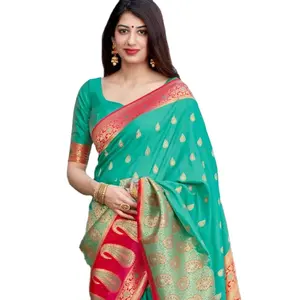 Women apparel Banarasi Silk With zari work Cotton Red Banarasi Silk sari And Designer Silk Blouse Piece 2023