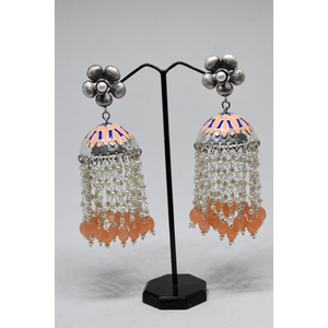 wholesale fashion jewellery meenakari <b>silver</b> look alike brass flower stud long beads <b>jhumka</b> hoop earing for girls and women - Product Image 1