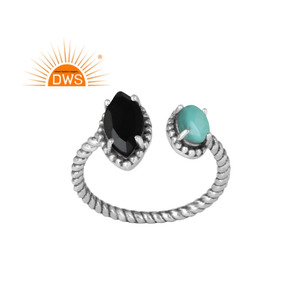 Prong Black Onyx Turquoise Gemstone Ring Oxidized Sterling Silver Ring Handmade Adjustable Ring Jewelry Manufacturer - Product Image 1