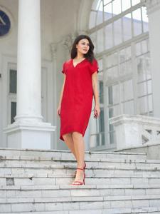 Robe Formelle Rouge Col V Manches Courtes Longueur Genou 100% Lin Crêpe Coupe Ample Respirante Tissée Couleur Unie Simple Quotidienne Été - Product Image 5
