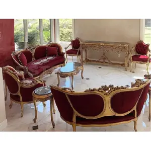 Classic Red Velvet Sofa Set For Drawing Room Leaf Style Gold Polish Sofa Set For Home Queen Style Red Fabric Sofa Set