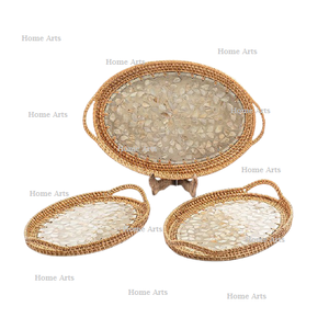 Bandeja de comida de ratán y nácar en tres tamaños diferentes, formas ovaladas, bandeja para postres y frutas en India. - Product Image 3