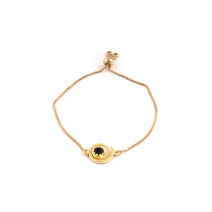 Pulseira de ouro com pedras preciosas de ônix preto e pulseira ajustável CZ, pingente de metal de latão em espiral e pulseira de corrente. Modo Joyas B-180