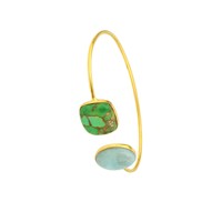Pulsera Unisex Clásica de Plata de Ley 925 Chapada en Oro con Turquesa Verde Cobre y Larimar Natural de Alta Calidad de 12x16 mm