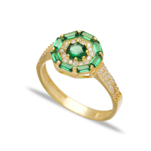<b>Emerald</b> Zircon Stone Baguette Round Shape Elegant Cluster <b>Rings</b> Wholesale Handmade Turkish 925 Sterling <b>Silver</b> Jewelry - Product Image 1