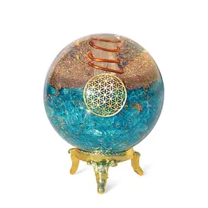 Bola de cristal orgonita de alta qualidade, esfera orgônica de cristal de aquamarina de alta qualidade, pedra de cura energética para decoração caseira e feng shui craft