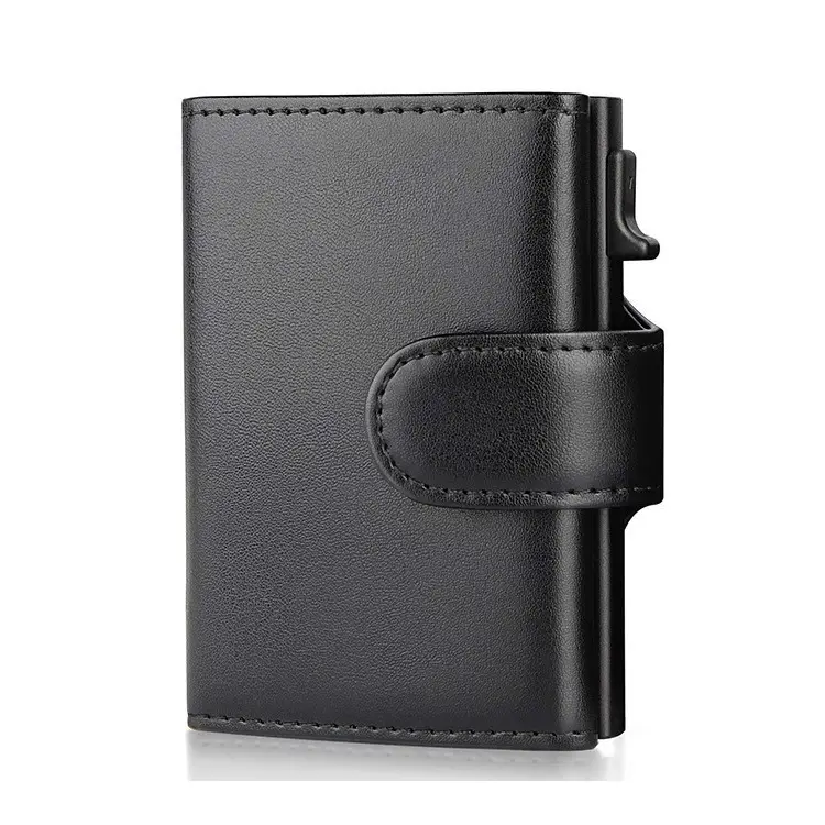 Popular Hot Sale Aluminum Metal Case Customized Leather Pop Up Card Holder Wallet With Coin Pocket