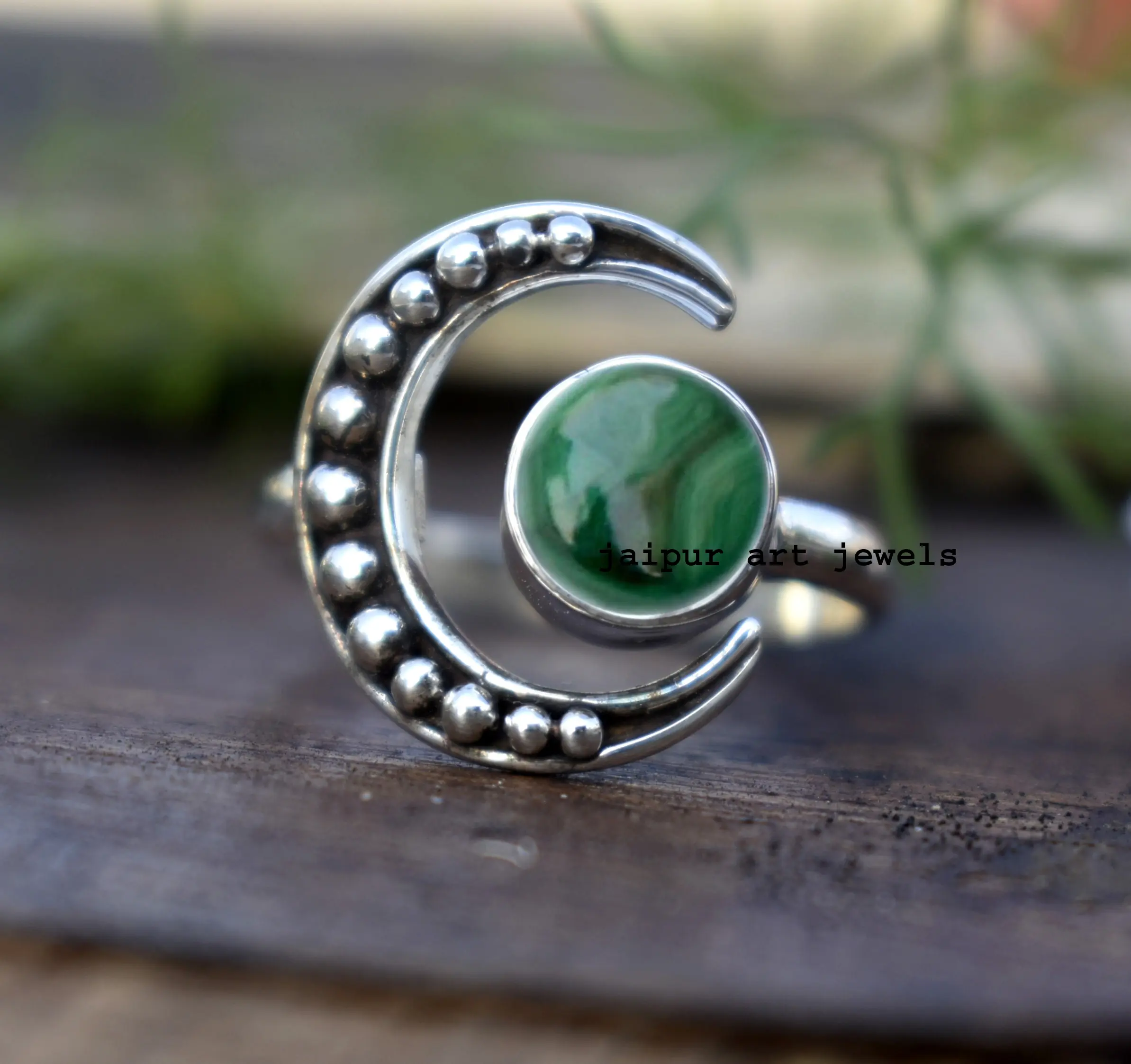 Fashion Woman Man Jewelry Natural Green Malachite Gemstone Half Moon 925 Sterling Silver Handmade Women's Manufacturer Ring