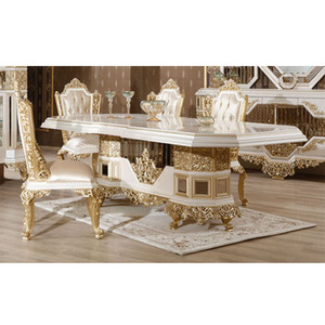 Juego de mesa de comedor antigua de oro blanco, muebles de comedor de aspecto Vintage europeo, mesa de comedor tallada de madera tradicional - Product Image 1