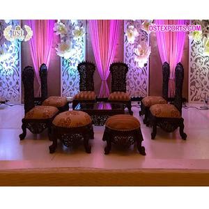 Juego de sillas y taburetes de muebles Mandap indio, juego de sillas y Bajot de boda india tradicional, juego de sillas de novio de novia talladas antiguas Reino Unido - Product Image 1