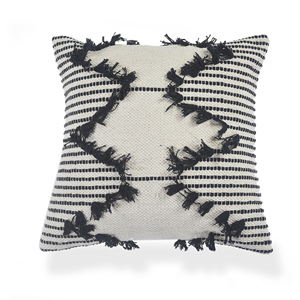 Funda de cojín tejida de algodón con estampado a rayas, cubierta de cojín con flecos de color negro, 18x18 - Product Image 1