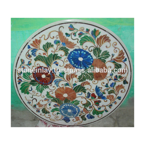 Handmade <b>White</b> Marble Pietra Dura Design <b>Round</b> <b>Table</b> Tops - Product Image 1