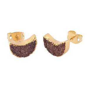 Wholesale supplier custom made 24k gold electroplating women stud earring half moon shape brown sugar druzy stud earring jewelry