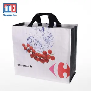Polypropylene reusable shopping bags, with webbing handles, knit type 1/1, 1/3, gravure printing