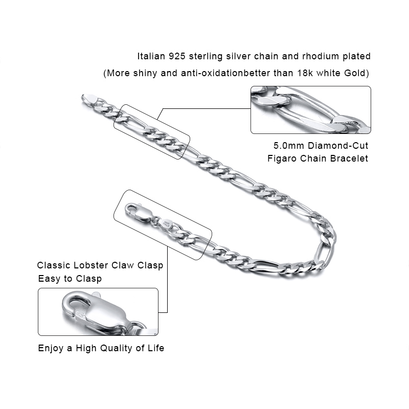 Produktbild von Figaro-Gliedkette 5mm Als Fußkettchen – 10 Zoll, 925 Versilbert, Mit Karabiner-Verschluss