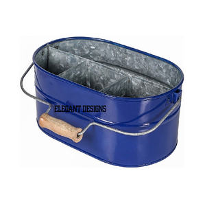 Galvanized <b>Steel</b> <b>Utensil</b> Holder with Wooden Handle Oval Shaped <b>Kitchen</b> Dinnerware Four Partition Fancy Metal <b>Utensil</b> Holder - Product Image 1