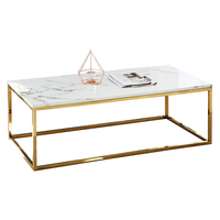Table basse moderne de luxe avec plateau en marbre simulé et pieds en acier inoxydable doré avec revêtement en poudre, meubles de salon